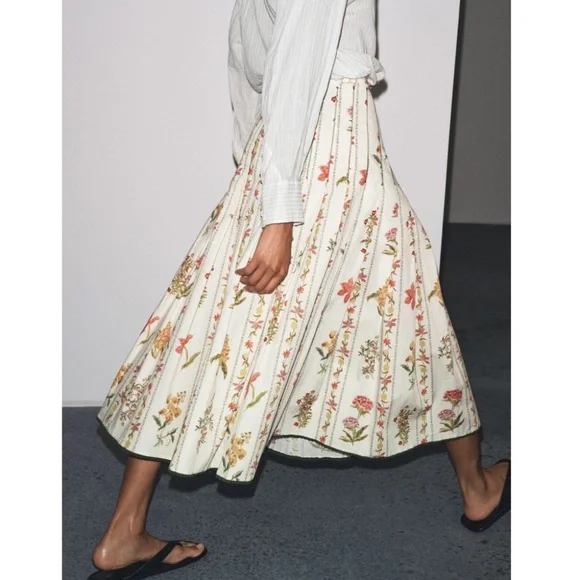 Zara 🔥 Pleated Floral Midi Skirt Botanical Flowy Cottagecore Prairie Cotton XL - Picture 2 of 16